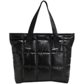 Fashionable black quilted puffer tote bag in glossy nylon with double top handles for women - Black