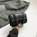 Minimalist black quilted shoulder bag with silver chain strap and matte square pattern - Black