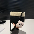 Fashionable black faux suede crossbody bag with white faux fur trim and smiley charm - With Pendant / Black