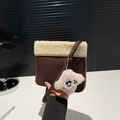 Brown faux suede crossbody bag with cream sherpa trim and fluffy puppy charm - With Pendant / Brown