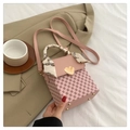 Pink checkered crossbody bag with gold heart buckle and decorative handle silk scarf - Pink