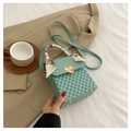 Mint green checkered crossbody box bag with heart clasp and floral scarf handle - Green