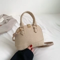 Beige faux snake skin shell handbag with golden hardware and adjustable strap - Khaki