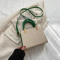 Chic woven tote bag in cream with vibrant green leather handles and shoulder strap - Green