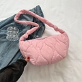 Pink quilted crescent shoulder bag with puffy knot strap and metal zipper - Pink