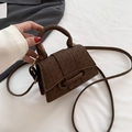 Chocolate brown mini woven pattern handbag with top handle and crossbody strap - Brown