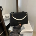 Black rectangular crossbody bag with pearl chain handle and gold Fashion text detail - Black
