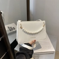 Minimalist white square crossbody bag with pearl chain and fashion logo for women - White