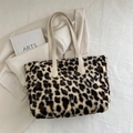 Leopard print faux fur tote bag with chic beige handles for stylish winter commuting - White