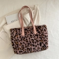 Pink leopard print plush tote bag with faux fur texture and stylish leather handles - Pink
