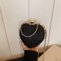 Elegant heart-shaped evening clutch bag with black sparkling sequins and gold chain - Black