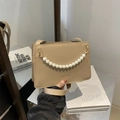 Elegant beige square shoulder bag with fashion text and decorative pearl chain strap - Khaki