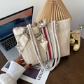 Sac fourre-tout en paille tissée beige avec rayures rouges et poignées en corde de coton - Blanc Avec Rayure Rouge