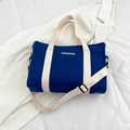 Borsa tote in tela blu scuro con manici bianco crema e scritta FASHION bianca - Blu