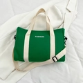 Borsa tote in tela verde con stampa FASHION bianca e tracolla color crema regolabile - Verde