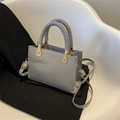 Grey crocodile embossed faux leather tote bag with gold hardware and top handles - Gray