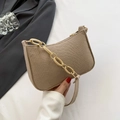 Crocodile embossed minimalist half moon underarm bag in light brown with chain strap - Khaki