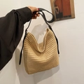 Minimalist straw tote bag with black leather shoulder strap in natural beige color - Black