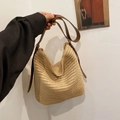 Straw hobo bucket bag in beige with dark brown leather straps for summer style - Brown