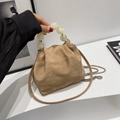Khaki cloud bag with matte texture and oversized marble-patterned pearl bead handle - Khaki
