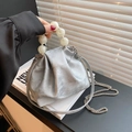 Silver metallic cloud bag with large pearl handle and chain strap for women - Silver