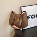 Chocolate brown crescent shoulder bag in plain leather with golden buckle detail - Coffee