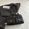 Retro black PU tote bag for women with dual front pockets and gold buckle accents - Black