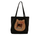 Bolso tote de lona negra con bordado de gato adorable y cremalleras decorativas - Negro