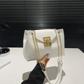 Chic white faux leather crossbody bag with square gold metal buckle and chain strap - White