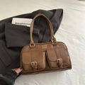 Retro brown PU leather shoulder bag with two front buckle pockets and golden logo - Brown
