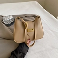 Beige faux leather shoulder bag with gold clasp for women, minimalist 2024 style - Khaki