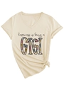 Detail of V-neck T-shirt with GIGI floral lettering and stylish front knot hem design - S / Sand (Black Print)