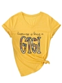 Detail of V-neck yellow t-shirt with happiness is being a GIGI text and hem knot - S / Yellow (Black Print)