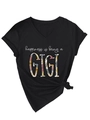 Detail of V-neck black T-shirt with GIGI floral print and stylish front knot hem - S / Black (White Print)