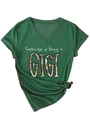 Detail of dark green V-neck T-shirt with GIGI floral print and stylish knot hem - S / Vintage Green (White Print)