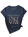Detail of grey V-neck tee with GIGI floral print and decorative side knot at the hem - S / Navy Blue (White Print)