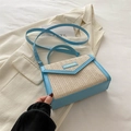 Light blue faux leather and straw woven square handbag with a yellow fashion plaque - Blue