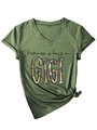 Detail of army green V-neck T-shirt with GIGI floral print and a knotted hem design - S / Olive Green (Black Print)