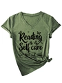 Detail of green V-neck T-shirt with Reading is Self Care text and book illustrations - Olive Green (Black Graphic)