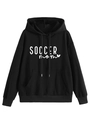 Close-up of Soccer Mom text and heart print on black cotton drawstring hoodie - S / Black