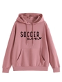 Detailed close-up of SOCCER MOM print and pink hoodie fabric with front pocket - S / Rose Gold