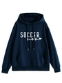 Close-up of Soccer Mom heart print on dark blue hoodie with a kangaroo pocket - Navy Blue