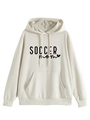 Detailed view of SOCCER MOM lettering and heart print on oatmeal hooded sweatshirt - Sand