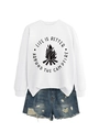 Flat lay of a white crewneck sweatshirt with campfire graphic and frayed denim shorts - White (Black Font)