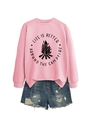 Pink crewneck sweatshirt with Life is Better campfire slogan and ripped denim shorts - Pink (Black Text)