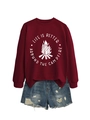 Detail of burgundy sweatshirt with campfire print and distressed denim shorts - Wine Red (White Font)