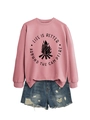 Detail of pink crewneck sweatshirt with Life is Better campfire print and denim shorts - Rose Gold (Black Font)