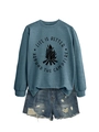Detail of teal sweatshirt with campfire print and Life Is Better campfire text - Blue (Black Font)