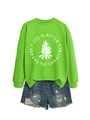 Detail of neon green sweatshirt featuring campfire graphics and Life Is Better quote - Neon Green (White Font)
