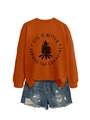 Detail of orange sweatshirt with campfire print and frayed denim shorts set - Burnt Orange (Black Font)